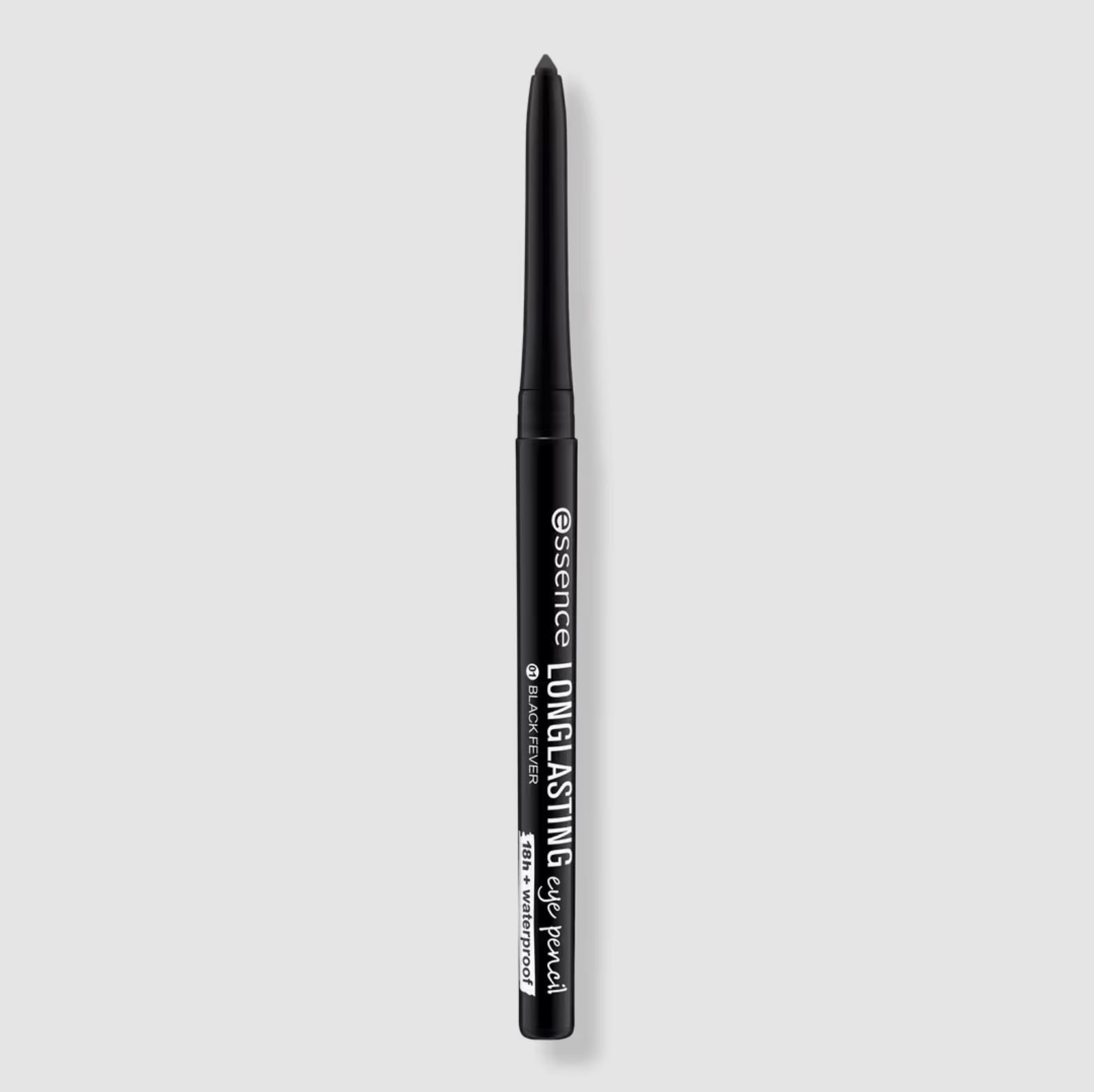 Essence Long Lasting Eye Pencil in “Black Fever,” a retractable drugstore eyeliner with a waterproof formula for smudge-proof, all-day wear.